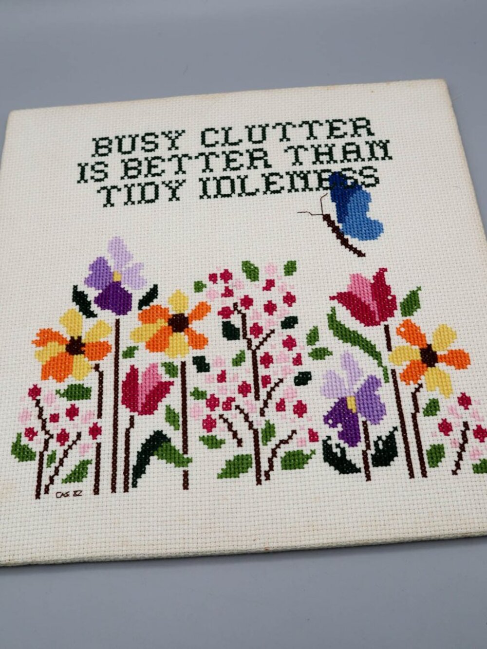 Vtg Handmade Cross Stitch Embroidery Art Floral Butterfly Colorful Cottage 11.5"